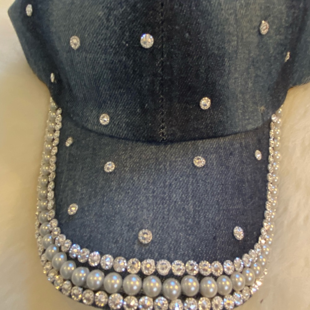 Denim Blin hat with faux pearls design